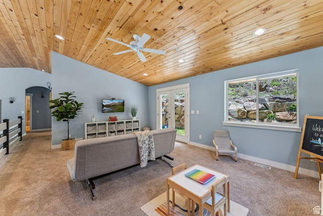 705 Parkview Dr, Summit Park, UT 84098 - living area featuring carpet flooring, wood ceiling, healthy amount of natural light, a ceiling fan, and recessed lighting