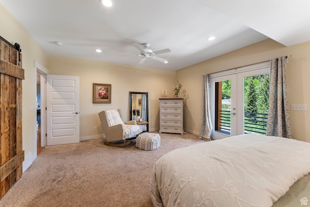 705 Parkview Dr, Summit Park, UT 84098 - carpeted bedroom featuring access to exterior, recessed lighting, baseboards, a barn door, and ceiling fan