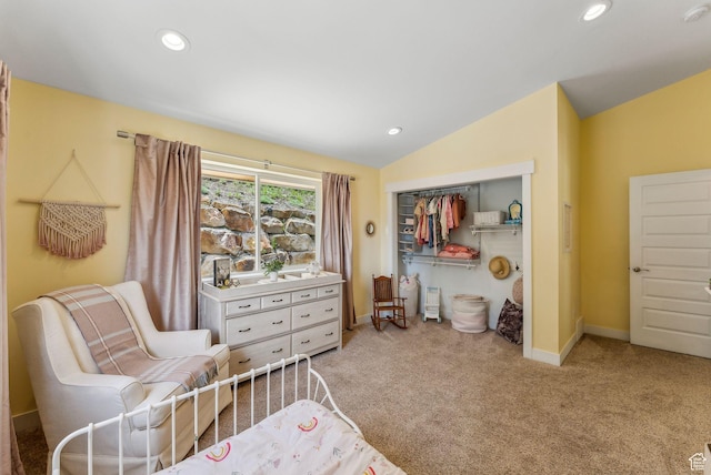 705 Parkview Dr, Summit Park, UT 84098 - living area with lofted ceiling, carpet flooring, recessed lighting, and baseboards