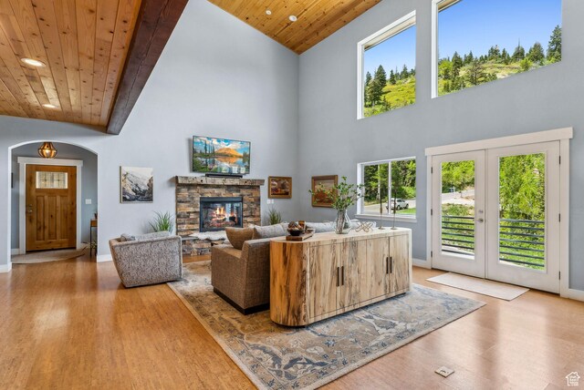 705 Parkview Dr, Summit Park, UT 84098 - living area with wooden ceiling, high vaulted ceiling, wood finished floors, arched walkways, and a stone fireplace