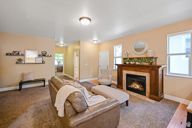 658 S 150 E, Smithfield, UT 84335 - carpeted living area featuring a tiled fireplace and baseboards