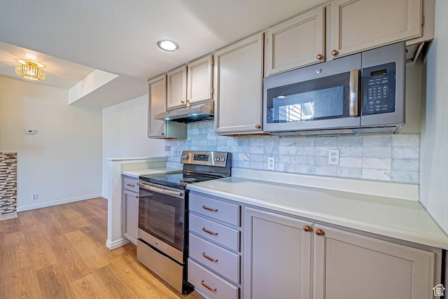 5457 S Break Water Dr W, Taylorsville, UT 84123 - kitchen with stainless steel appliances, under cabinet range hood, light countertops, decorative backsplash, and light wood-style flooring