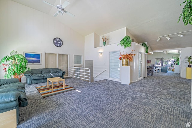 5457 S Break Water Dr W, Taylorsville, UT 84123 - living area featuring high vaulted ceiling, ceiling fan, carpet, and track lighting