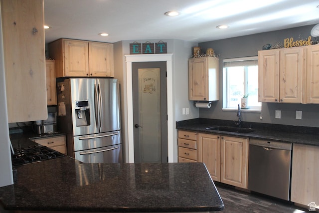 730 S 300 W, Garland, UT 84312 - kitchen with stainless steel appliances, a sink, light brown cabinetry, a peninsula, and recessed lighting