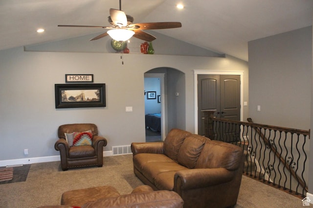 730 S 300 W, Garland, UT 84312 - carpeted living room featuring arched walkways, a ceiling fan, vaulted ceiling, baseboards, and recessed lighting