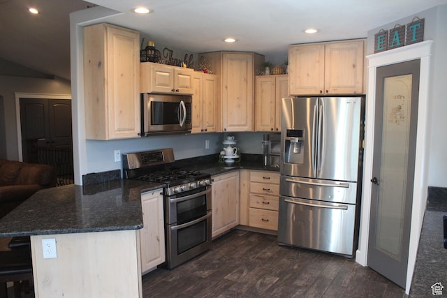730 S 300 W, Garland, UT 84312 - kitchen with stainless steel appliances, light brown cabinetry, dark wood-style flooring, a peninsula, and recessed lighting