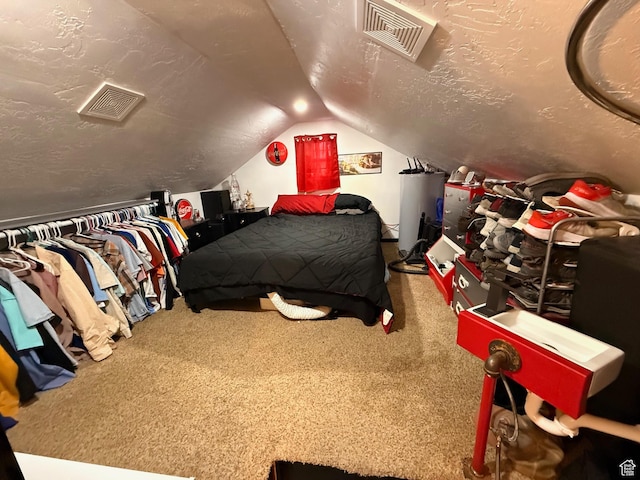 730 S 300 W, Garland, UT 84312 - bedroom featuring water heater, vaulted ceiling, carpet, and a textured ceiling
