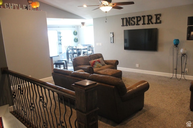 730 S 300 W, Garland, UT 84312 - carpeted living area featuring a ceiling fan, baseboards, and lofted ceiling