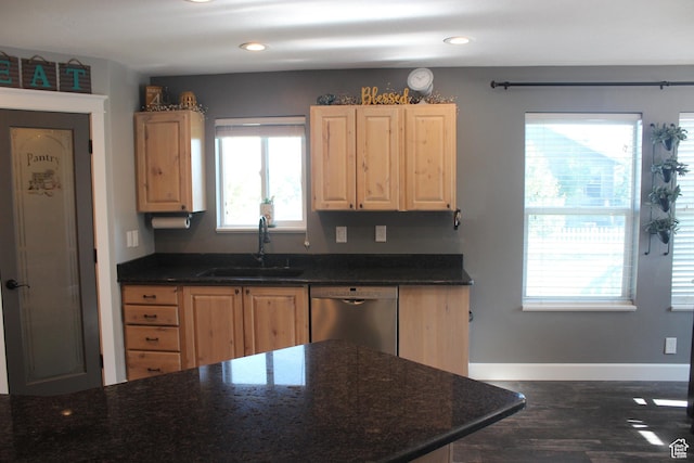 730 S 300 W, Garland, UT 84312 - kitchen with dishwasher, a sink, light brown cabinets, dark wood-style flooring, and baseboards