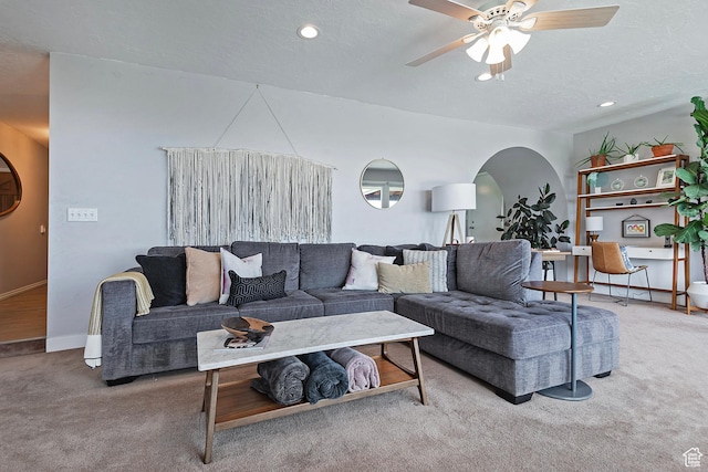 96 S 350 E, North Salt Lake, UT 84054 - carpeted living area featuring recessed lighting, arched walkways, a ceiling fan, and baseboards