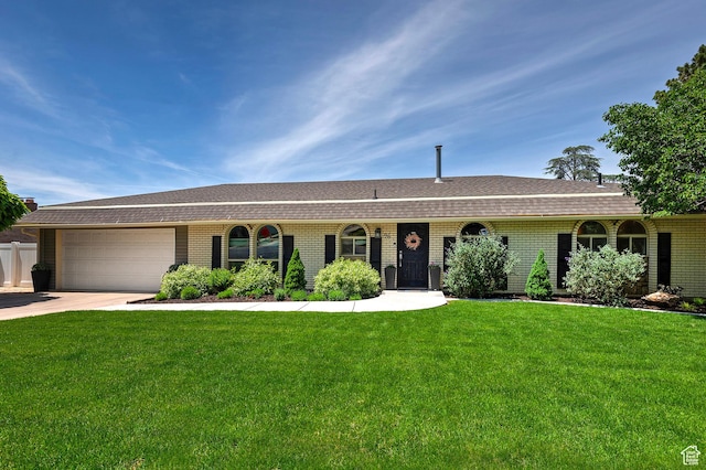 96 S 350 E, North Salt Lake, UT 84054 - ranch-style house with brick siding, a garage, concrete driveway, and a front lawn