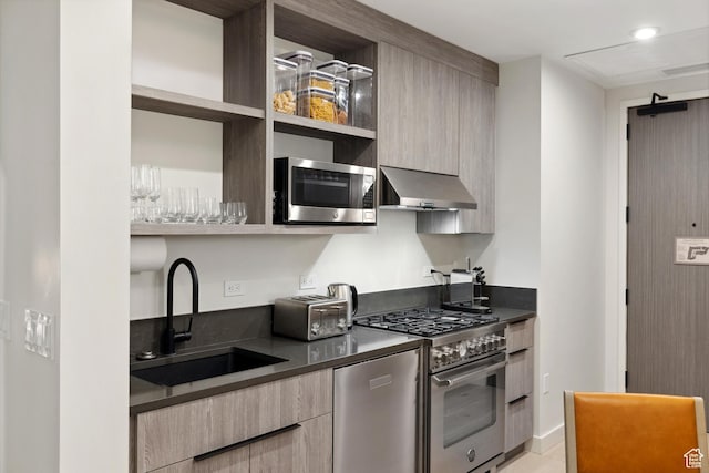 2417 W High Rd Unit 1504, Park City, UT 84098 - kitchen featuring appliances with stainless steel finishes, extractor fan, open shelves, a sink, and dark countertops