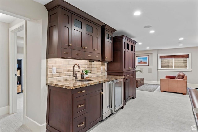 3 Dawn Hill Dr, Sandy, UT 84092 - kitchen with a sink, light colored carpet, glass insert cabinets, light stone counters, and recessed lighting