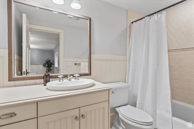 3 Dawn Hill Dr, Sandy, UT 84092 - full bathroom featuring toilet, vanity, a wainscoted wall, and shower / bath combo with shower curtain