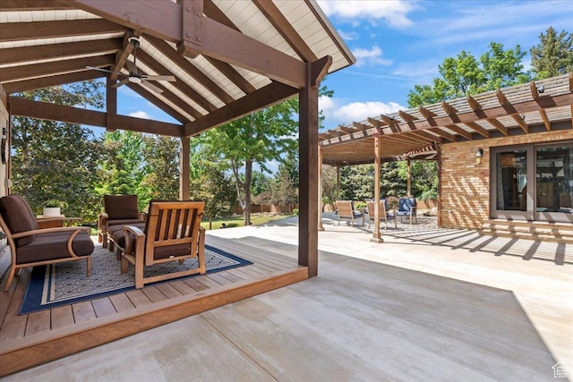 3 Dawn Hill Dr, Sandy, UT 84092 - wooden deck featuring ceiling fan, a pergola, a patio, an outdoor living space, and a gazebo