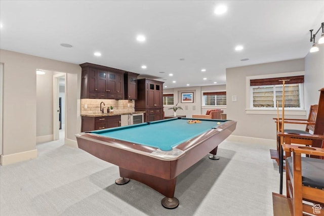 3 Dawn Hill Dr, Sandy, UT 84092 - rec room featuring recessed lighting, baseboards, light carpet, billiards table, and a sink