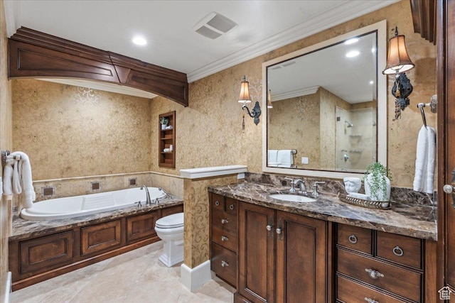 3 Dawn Hill Dr, Sandy, UT 84092 - bathroom featuring toilet, vanity, a bath, a shower with door, and ornamental molding