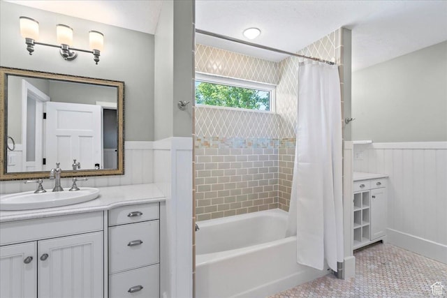 3 Dawn Hill Dr, Sandy, UT 84092 - full bathroom with wainscoting, vanity, shower / bath combo with shower curtain, and tile patterned floors