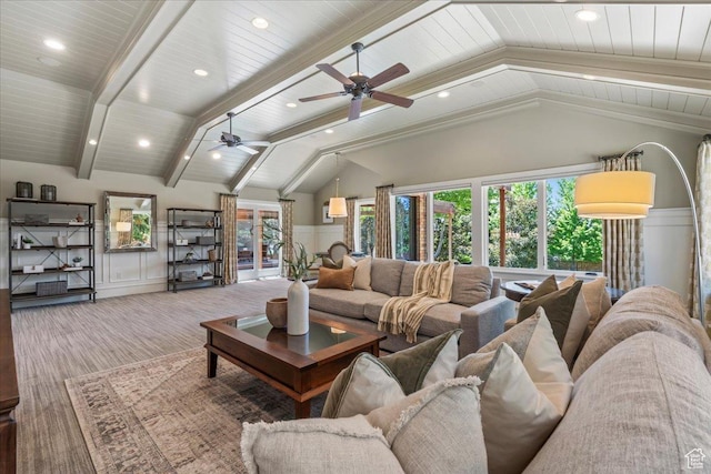 3 Dawn Hill Dr, Sandy, UT 84092 - living room featuring plenty of natural light, a decorative wall, a wainscoted wall, a ceiling fan, and wood finished floors
