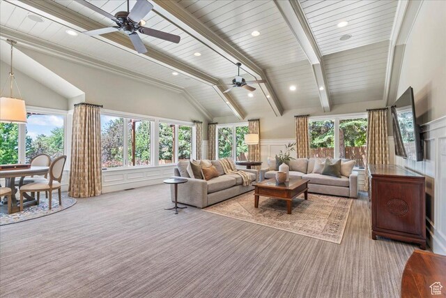 3 Dawn Hill Dr, Sandy, UT 84092 - living area with carpet flooring, ceiling fan, high vaulted ceiling, wooden ceiling with exposed beams, and a decorative wall