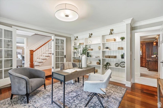 3 Dawn Hill Dr, Sandy, UT 84092 - office area featuring wood finished floors, ornamental molding, baseboards, french doors, and built in shelves