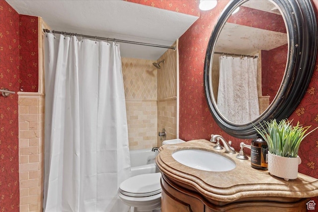 3 Dawn Hill Dr, Sandy, UT 84092 - full bath featuring wallpapered walls, vanity, toilet, and shower / bath combo