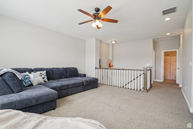 4411 W S Jordan Pkwy, South Jordan, UT 84009 - living room with carpet floors, a ceiling fan, attic access, baseboards, and recessed lighting