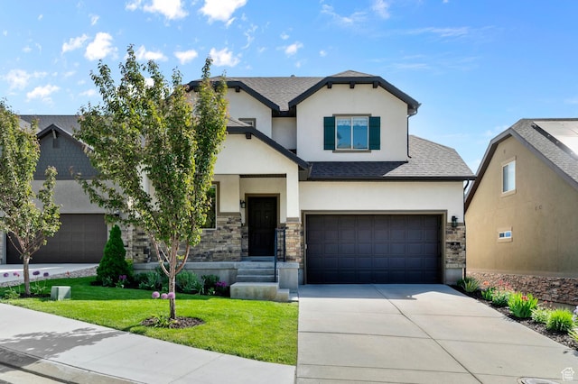 14585 S Delacroix Dr S, Draper, UT 84020 - view of front of property featuring stucco siding, an attached garage, a front yard, stone siding, and driveway