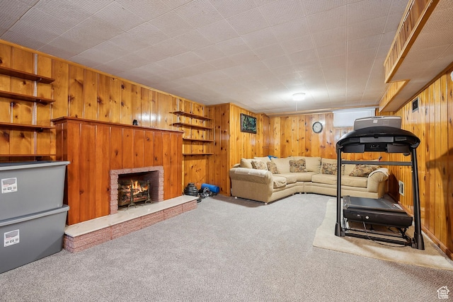 2058 Van Buren Ave, Ogden, UT 84401 - carpeted living room with wood walls and a brick fireplace