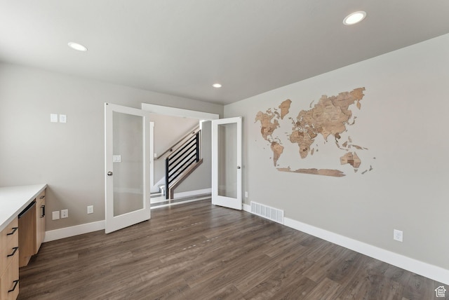 1184 S 2300 E, Spanish Fork, UT 84660 - unfurnished room featuring french doors, dark wood-style flooring, stairs, and recessed lighting
