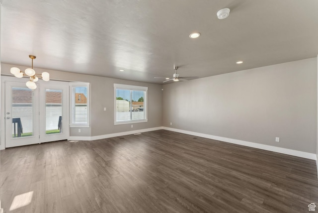 1184 S 2300 E, Spanish Fork, UT 84660 - unfurnished living room with baseboards, dark wood-style flooring, a ceiling fan, and recessed lighting