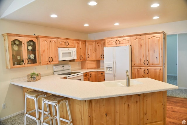 14114 S 3600 W, Bluffdale, UT 84065 - kitchen featuring white appliances, baseboards, a sink, recessed lighting, and glass insert cabinets