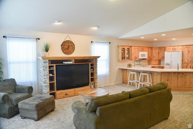 14114 S 3600 W, Bluffdale, UT 84065 - living area with light carpet, vaulted ceiling, recessed lighting, and baseboards