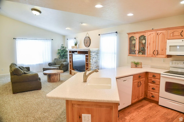 14114 S 3600 W, Bluffdale, UT 84065 - kitchen featuring white appliances, a sink, a peninsula, open floor plan, and plenty of natural light