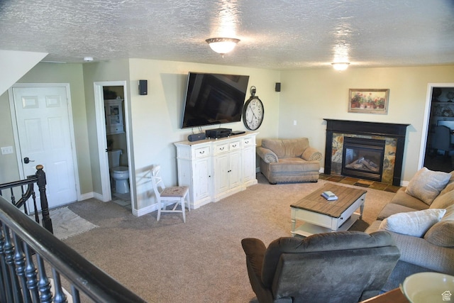 14114 S 3600 W, Bluffdale, UT 84065 - living room with a textured ceiling, a fireplace with flush hearth, carpet flooring, and baseboards