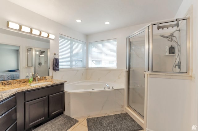 625 W Derrick Cir W, Morgan, UT 84050 - full bathroom with vanity, a bath, a stall shower, tile patterned floors, and recessed lighting