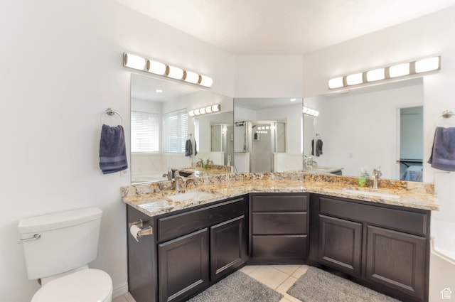 625 W Derrick Cir W, Morgan, UT 84050 - bathroom featuring a stall shower, double vanity, tile patterned floors, and toilet