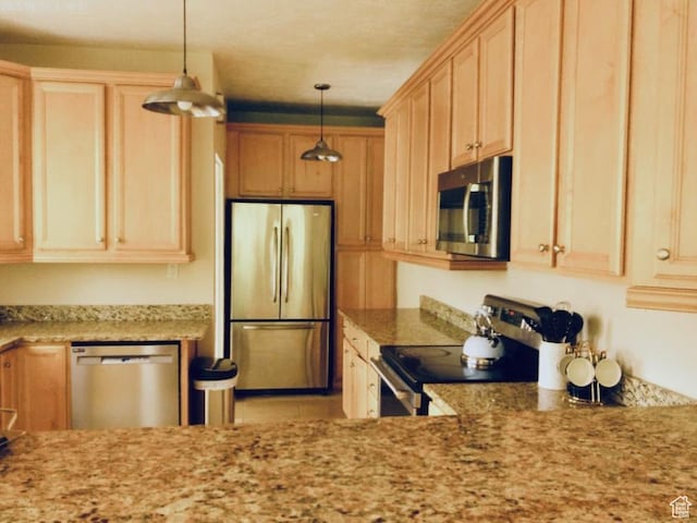 734 S 1300 E, Salt Lake City, UT 84102 - kitchen featuring stainless steel appliances, pendant lighting, light brown cabinets, and light stone countertops