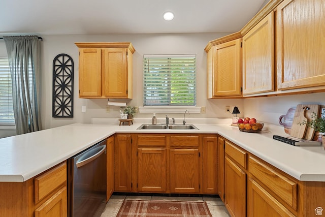 543 Hillside Cir, Alpine, UT 84004 - kitchen featuring stainless steel dishwasher, a sink, light countertops, light tile patterned floors, and a peninsula