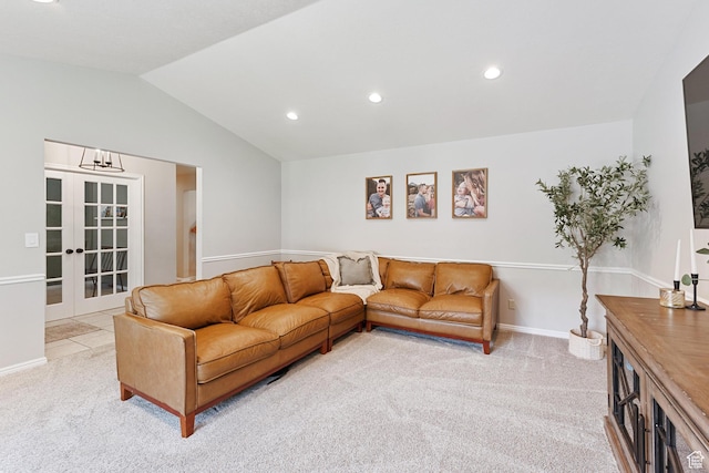 543 Hillside Cir, Alpine, UT 84004 - living room featuring light colored carpet, lofted ceiling, recessed lighting, french doors, and baseboards