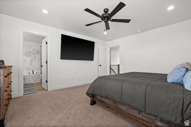 4681 W 75 N, West Point, UT 84015 - carpeted bedroom with recessed lighting, baseboards, connected bathroom, and a ceiling fan