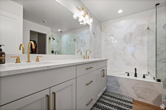 4681 W 75 N, West Point, UT 84015 - full bathroom with double vanity, a bath, and a marble finish shower