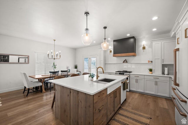 4681 W 75 N, West Point, UT 84015 - kitchen featuring a sink, custom exhaust hood, gas range, open shelves, and recessed lighting