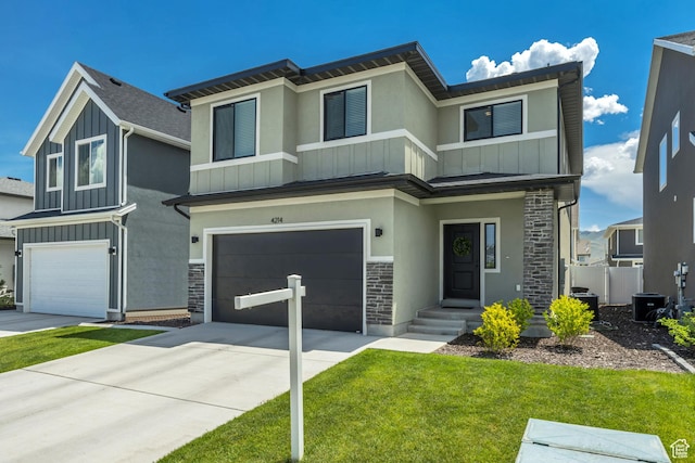 4214 E Sun Crest Dr Unit Lot68, Eagle Mountain, UT 84005 - view of front of house with stone siding, an attached garage, and board and batten siding