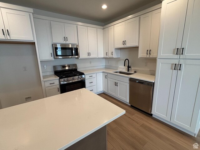 6889 W S Jordan Pkwy, South Jordan, UT 84009 - kitchen with appliances with stainless steel finishes, a sink, wood finished floors, recessed lighting, and light countertops