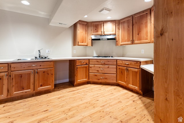 3380 S 930 W, Syracuse, UT 84075 - kitchen with under cabinet range hood, a sink, light wood-type flooring, brown cabinets, and recessed lighting