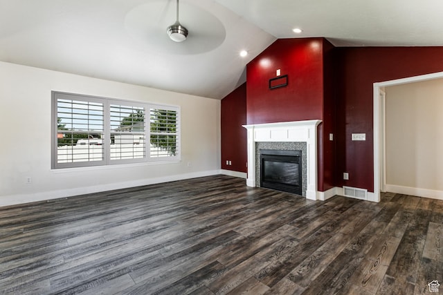 3380 S 930 W, Syracuse, UT 84075 - unfurnished living room with dark wood-type flooring, a tile fireplace, a ceiling fan, baseboards, and high vaulted ceiling