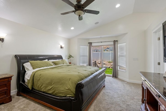 3638 S Blazing Oak Dr, Magna, UT 84044 - bedroom with access to outside, light colored carpet, lofted ceiling, recessed lighting, and baseboards