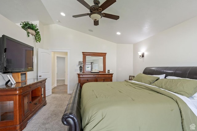 3638 S Blazing Oak Dr, Magna, UT 84044 - bedroom with vaulted ceiling, recessed lighting, baseboards, ceiling fan, and light colored carpet