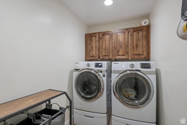 3638 S Blazing Oak Dr, Magna, UT 84044 - laundry room with cabinet space, washing machine and clothes dryer, and recessed lighting